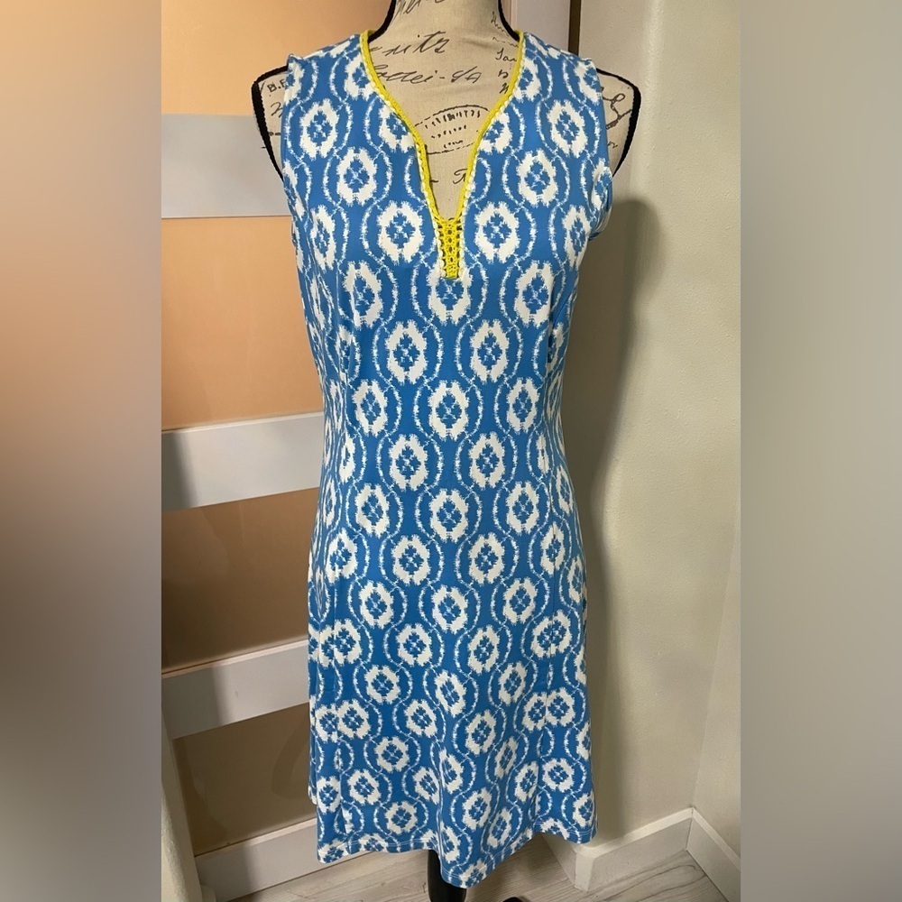 J. McLaughlin Blue Geometric Print Sleeveless Midi Dress